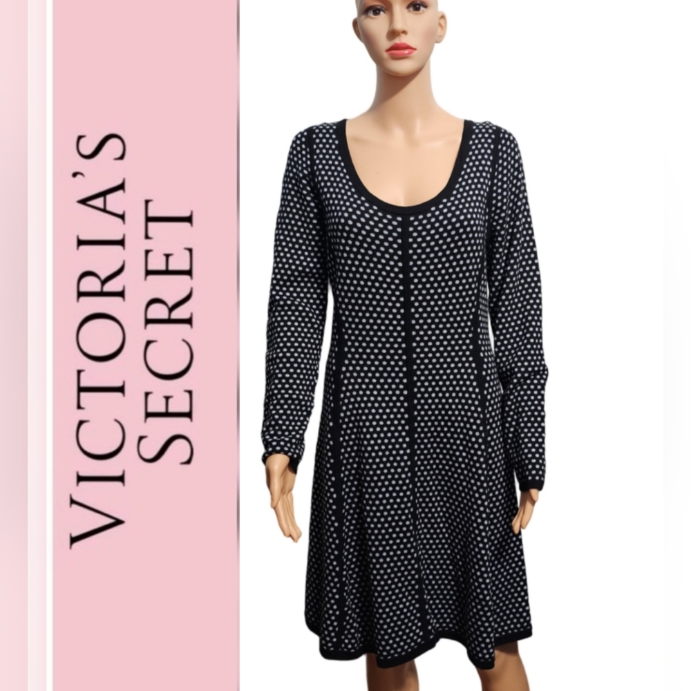 Victoria's Secret Black/White Polka Dot Fit & Flare Long Sleeve Sweater Dress L